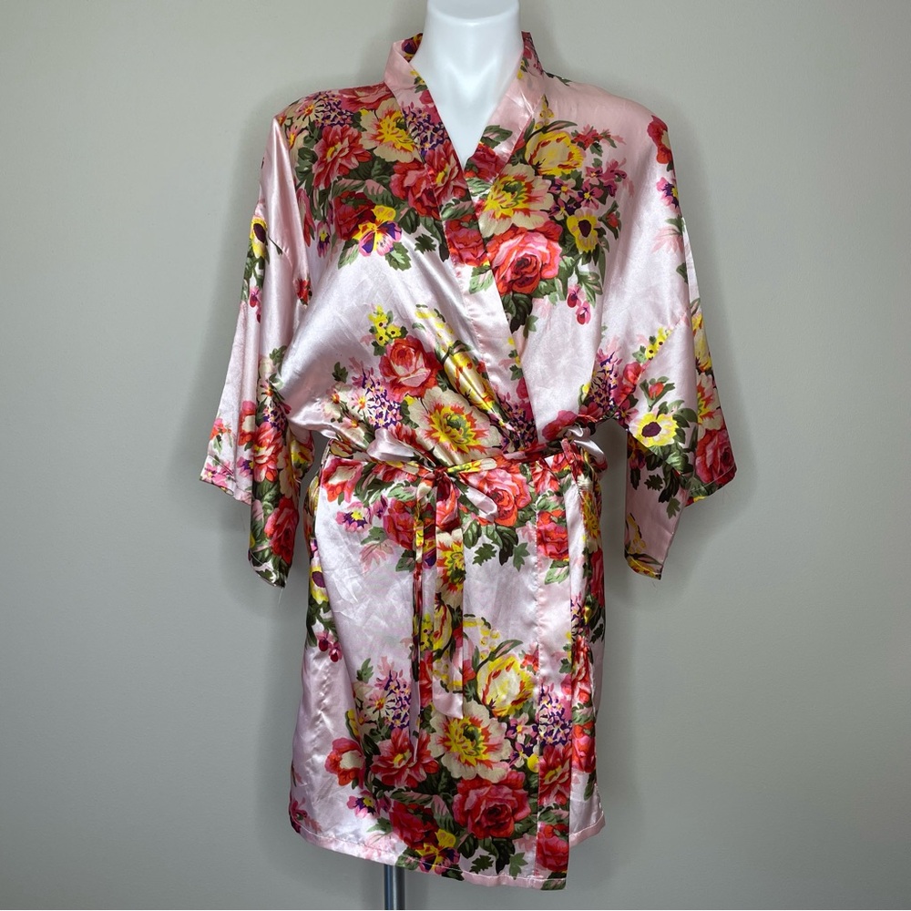 “Maid of Honor” Pink Floral Satin Kimono Wrap Dressing Gown